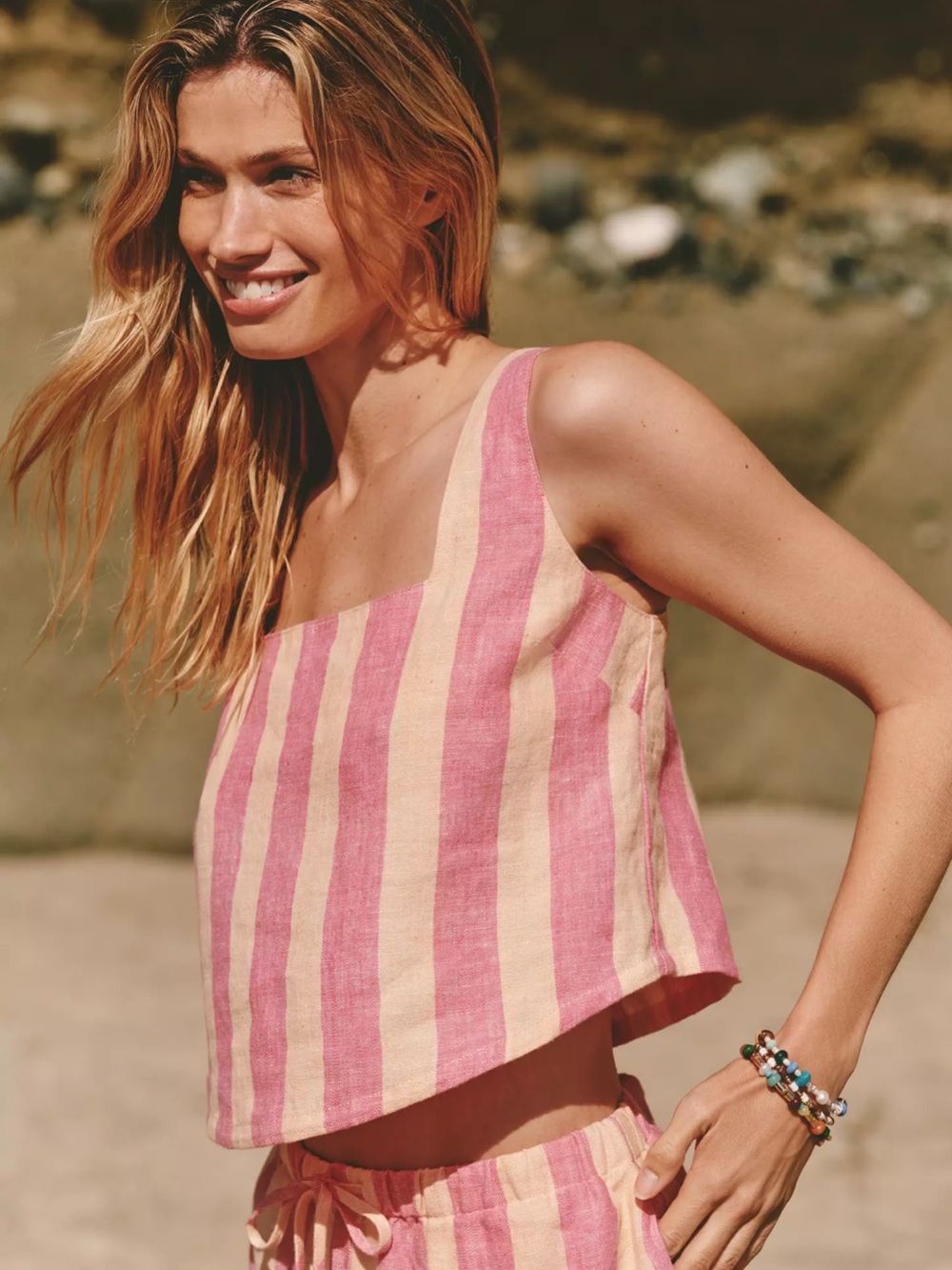 Electric & Rose Linen Striped Boxy Cropped Tank Top in Peach and Pink Size Large